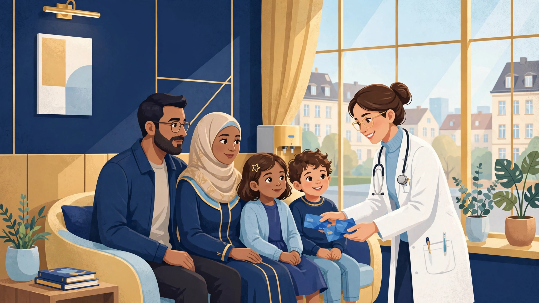 عائلة عربية تستلم بطاقات التأمين الصحي في عيادة طبيب ألماني — التأمين العائلي يغطي الزوجة والأطفال مجانًا