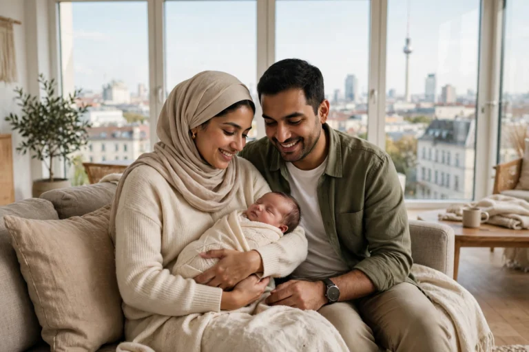 عائلة عربية مع مولود جديد في ألمانيا — إعانة الوالدين Elterngeld