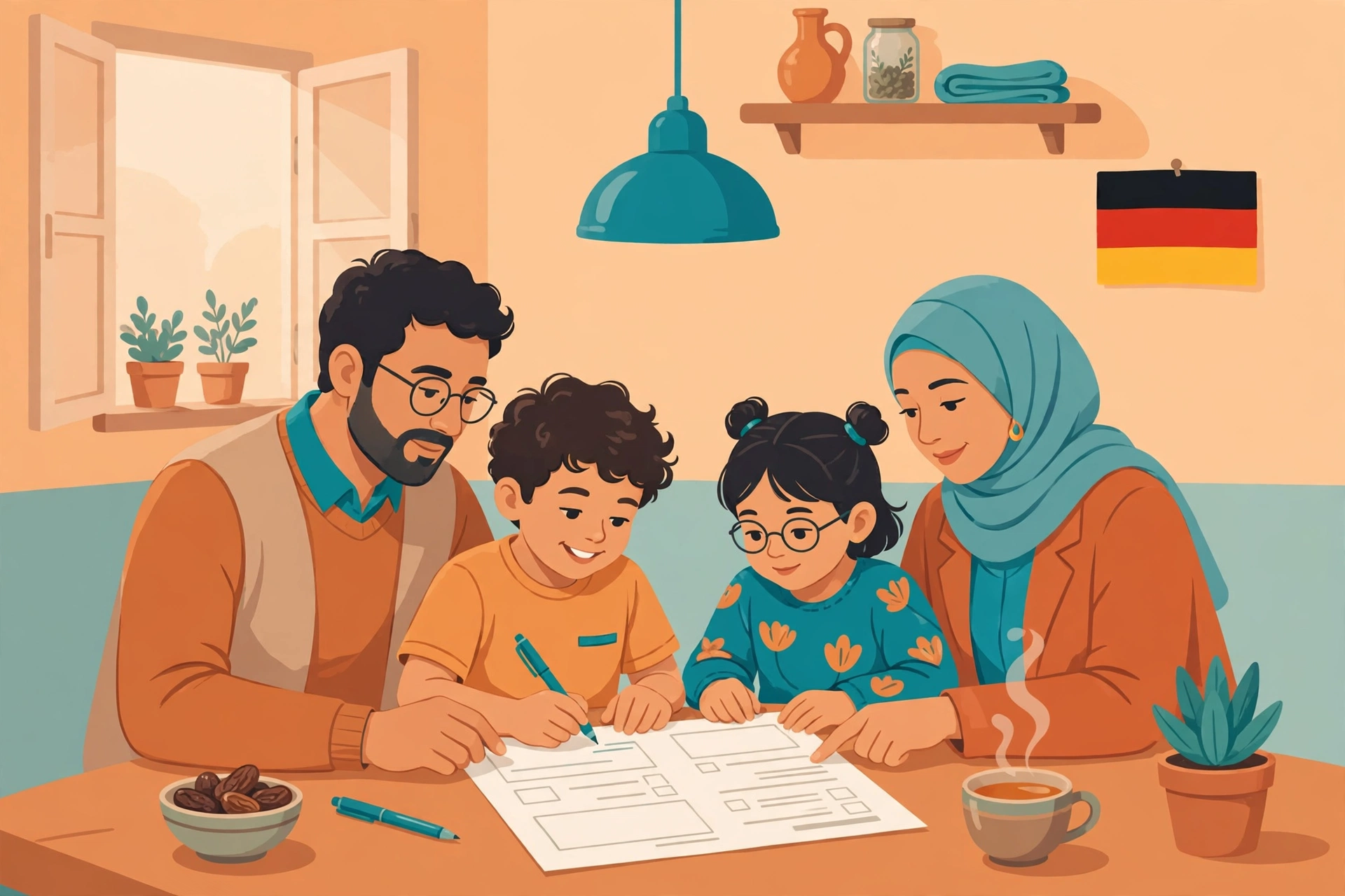 عائلة عربية في ألمانيا تملأ نموذج طلب الكيندرغيلد على طاولة المطبخ