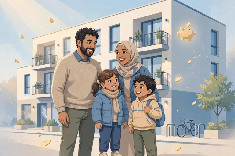 عائلة عربية سعيدة أمام مبنى سكني ألماني حديث — الكيندرغيلد في ألمانيا 2026