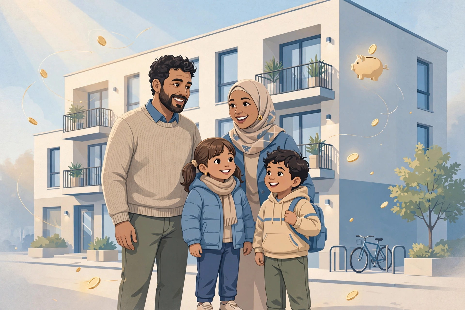 عائلة عربية سعيدة أمام مبنى سكني ألماني حديث — الكيندرغيلد في ألمانيا 2026