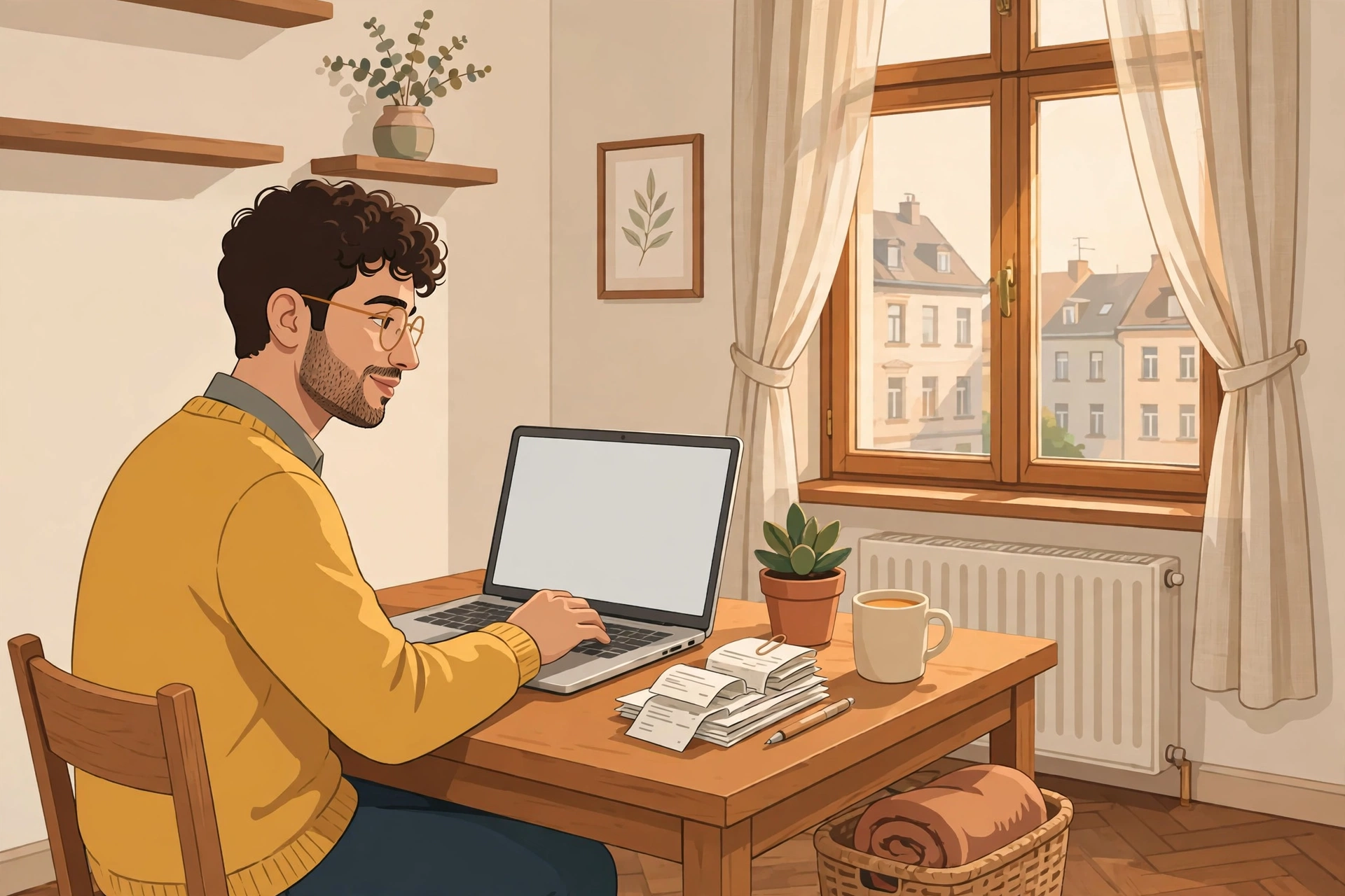 شاب عربي يقدّم إقراره الضريبي إلكترونيًا من مكتبه المنزلي في ألمانيا