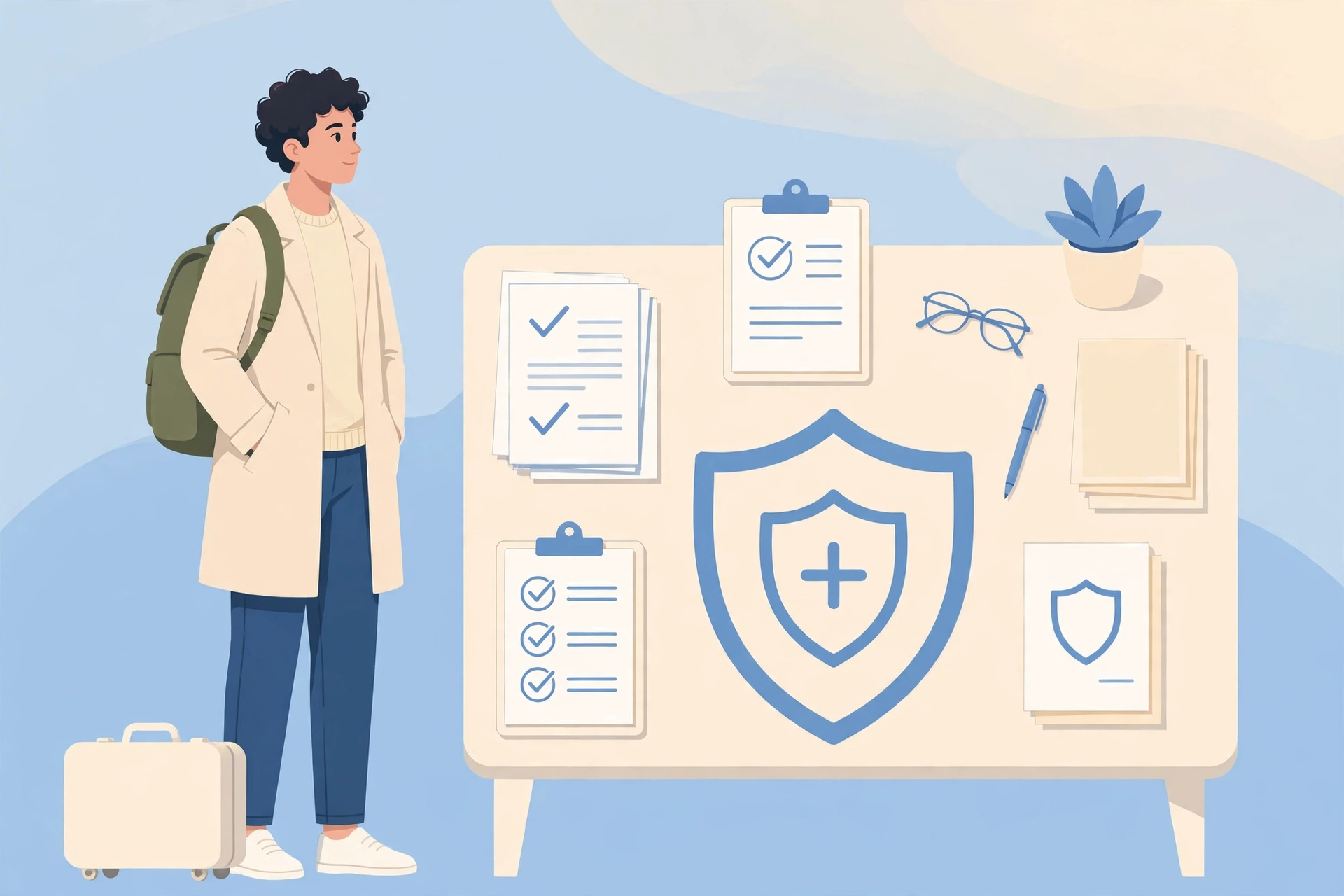 قائمة التأمينات الضرورية للوافد الجديد في ألمانيا — مسافر بحقيبة سفر أمام مكتب يحمل وثائق وشعار درع